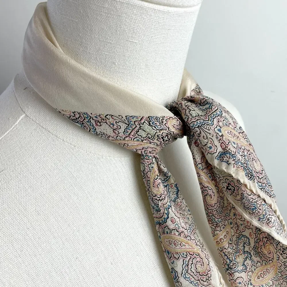 Vintage 70s Paisley Silk Scarf Square Ivory Border Print Old Money Quiet Luxury‎